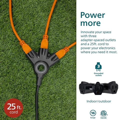 EZGrip 25 Ft Heavy Duty Outdoor Extension Cord With Multiple Outlets, Grounded 3 Prong, shown with 3 outlets on grass.