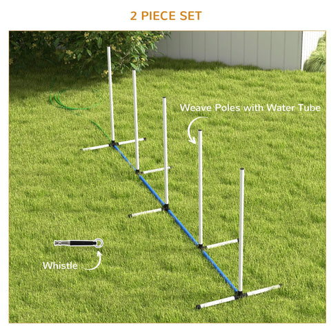 Two Piece Dog Agility Training Equipment Set With Water Spray Tube And Weave Poles, grassy yard setup.