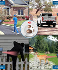 Four scenes showing Solar Powered Wireless Driveway Alarm System With Weatherproof Motion Sensors detecting people, vehicles, burglars, and animals.