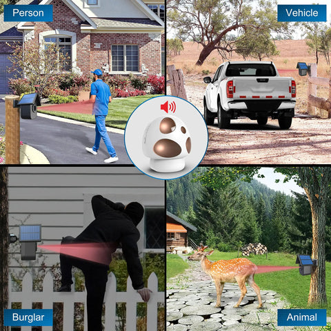 Four scenes showing Solar Powered Wireless Driveway Alarm System With Weatherproof Motion Sensors detecting people, vehicles, burglars, and animals.