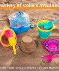 3 Pack Foldable Beach Buckets With Shovels And Mesh Backpack For Kids And Toddlers, colorful buckets and shovels on sand