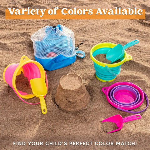 3 Pack Foldable Beach Buckets With Shovels And Mesh Backpack For Kids And Toddlers, colorful buckets and shovels on sand