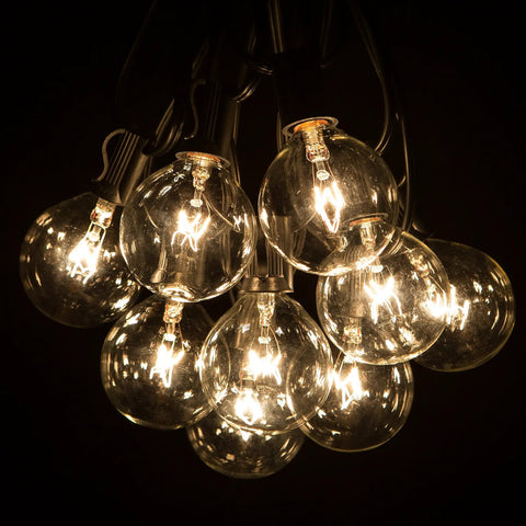 Close-up of 100 Foot Outdoor String Lights with 105 G50 Clear 2 Inch Bulbs on Black Wire includes 5 Extra Bulbs.
