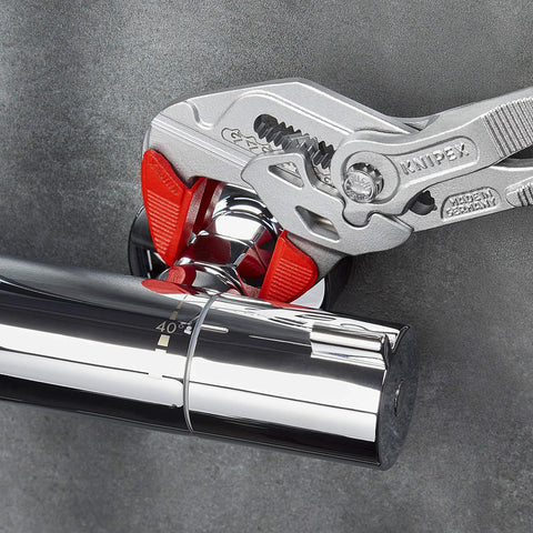 Jaw Protectors For 10 Inch Pliers Wrench With Etched Adjustment Scale Fits Only New Models 86 XX 250 V01 in use on metal pipe