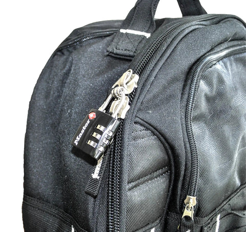 TSA Approved Luggage Lock With Wide Lock Body And Thin Steel Shackle securing a black backpack zipper