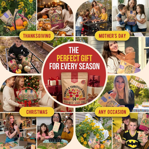 Collage of 14 Rare Tomato And Tomatillo Garden Seeds Variety Pack images for various occasions: Thanksgiving, Mother's Day, Christmas, Any Occasion.