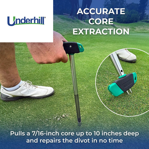 18 Inch Easy Reach Soil Sampler Probe With Built In Ball Mark Tool For Lawns And Houseplants, Quick Core Sampling, Durable Sampling Rod For Turf And Greens, Model TSP-SS18 being used on a golf course.