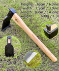 14 Inch Heavy Duty Curved Garden Hoe With Oak Handle For Digging Weeding And Planting A Workhorse Beefy Forged Steel Blade No Welding Gardening Tool Built To Last In Your Yard, shown on grass with blade close-up