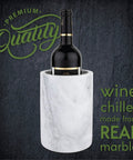 Front view of Party Ready Marble Wine Chiller Bucket That Keeps Wine And Champagne Ice Cold with a bottle in it