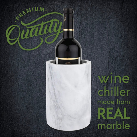 Front view of Party Ready Marble Wine Chiller Bucket That Keeps Wine And Champagne Ice Cold with a bottle in it