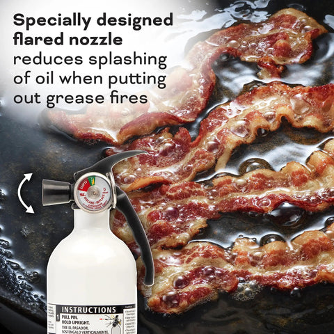 Kitchen Fire Extinguishers 2 Pack For Home And Office with white specialty kitchen extinguisher nozzle over frying bacon