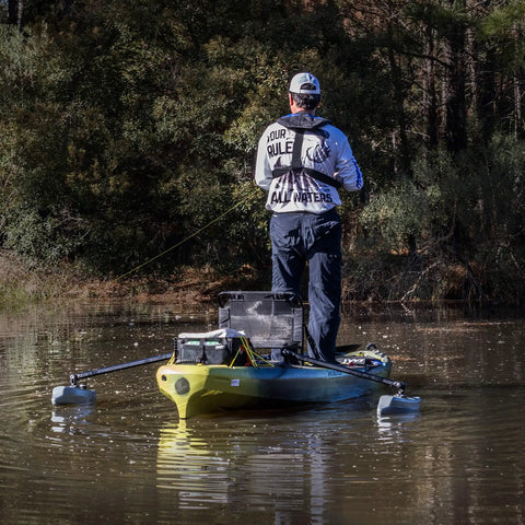 Person using Dual Outriggers Standncast Gen II For Small Boats And Canoes With 30 Inch Adjustable Arms And Railblaza StarPort HD Mount