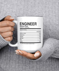 Person holding 15oz ceramic mug with "Engineer Nutrition Facts" text, related to Funny Owl Engineer Coffee Mug Gift For Civil Software Mechanical And Electrical Engineers Great For Work Or Graduation, Birthday, Or White Elephant, A Nerdy Cup With Real Engineer Humor.