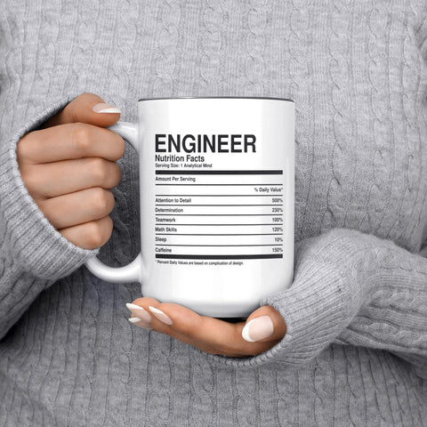 Person holding 15oz ceramic mug with "Engineer Nutrition Facts" text, related to Funny Owl Engineer Coffee Mug Gift For Civil Software Mechanical And Electrical Engineers Great For Work Or Graduation, Birthday, Or White Elephant, A Nerdy Cup With Real Engineer Humor.