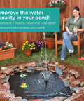 Woman sitting by small pond with All In One Pond Filter Kit With 330 GPH Pump For Small Ponds, Debris Guard, Beneficial Bacteria Boost.