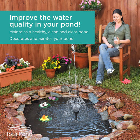 Woman sitting by small pond with All In One Pond Filter Kit With 330 GPH Pump For Small Ponds, Debris Guard, Beneficial Bacteria Boost.