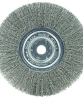 Close-up of 8 Inch Narrow Face Crimped Wire Wheel With.0118 Steel Fill, Three Quarter Inch Arbor, Pack Of 2, Made In USA