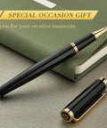 Luxurious Rollerball Pen With 24K Gold Trim And Schneider Ink Refill Gift Set For Men And Women Boss Level Office Pro Elegant Executive Writing Instrument on a desk with notebook