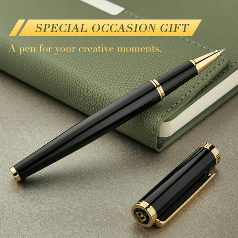 Luxurious Rollerball Pen With 24K Gold Trim And Schneider Ink Refill Gift Set For Men And Women Boss Level Office Pro Elegant Executive Writing Instrument on a desk with notebook