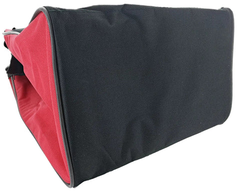 Bombproof Canvas Power Tool Bag Carrier For Drill Drivers Batteries Chargers Jobsite Gear Hauler With Durable Handles And Tight Zipper, side view with black and red fabric.