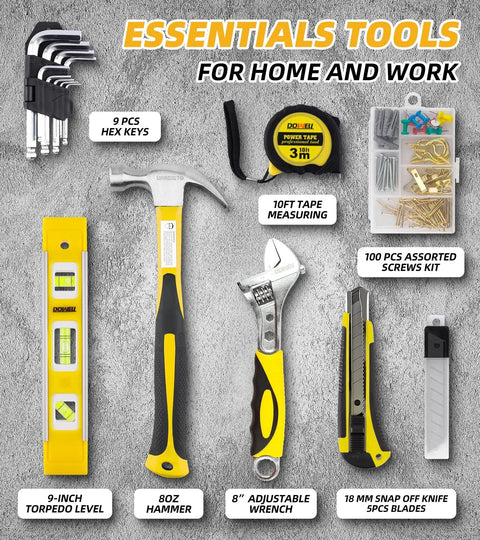 229 Piece Household Tool Set With 14 Inch Storage Bag Complete Home Repair Kit For Maintenance Includes Pliers, Wire Strippers, Level, Wrenches, Magnetic Screwdrivers, Utility Knife, Socket Set, Measuring Tape And More For Everyday Fixes showing assorted tools like hex keys, hammer, and wrench.