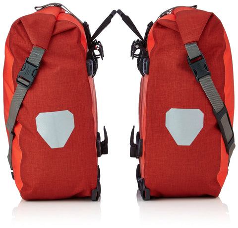 Trail Ready Rear Rack Pannier Duo Set 20 Liter Waterproof Roll Top Cordura With Reflective Trim in Signal Red and Dark Chili