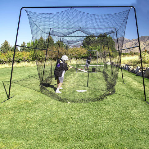 6Ft Black L Screen For Baseball And Softball Batting Practice With UV Treated Net And Steel Frame in backyard setup