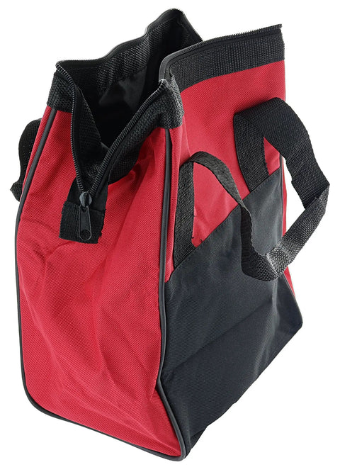 Bombproof Canvas Power Tool Bag Carrier For Drill Drivers Batteries Chargers Jobsite Gear Hauler showing red and black color with zipper and handles.