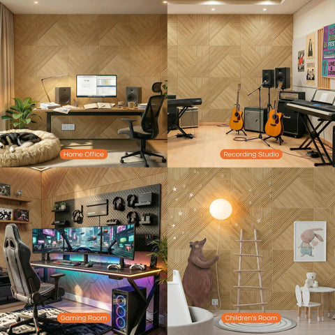Rooms with Six Pack Acoustic Wall Panels For Home Studio And Office, High Density Polyester Sound Absorbers, wood print finish visible