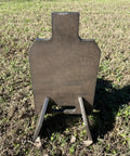 Beefy Three Eighths Inch Hardened Steel Shooting Target 7x12 IDPA Size with Metal Ground Stand in backyard setting