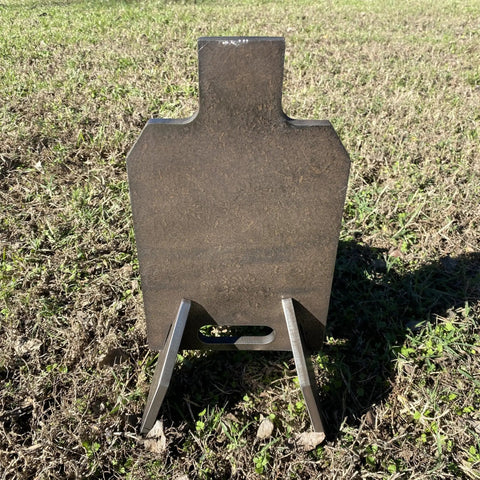 Beefy Three Eighths Inch Hardened Steel Shooting Target 7x12 IDPA Size with Metal Ground Stand in backyard setting