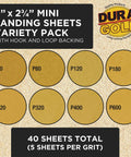 Dura-Gold 4'' x 2.75'' mini sanding sheets variety pack with hook and loop backing, includes 40 sheets in assorted grits.