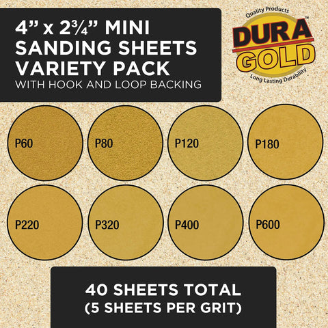 Dura-Gold 4'' x 2.75'' mini sanding sheets variety pack with hook and loop backing, includes 40 sheets in assorted grits.