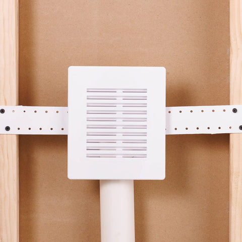 Air Admittance Valve Wall Box Sure Vent With Adjustable Faceplate Slim Four and One Half by Five and Three Quarters Inches High Impact Polystyrene Construction Fits Six or Twenty DFU AAVs With One and a Half or Two Inch Adapters Low Profile Look, mounted on wall frame.