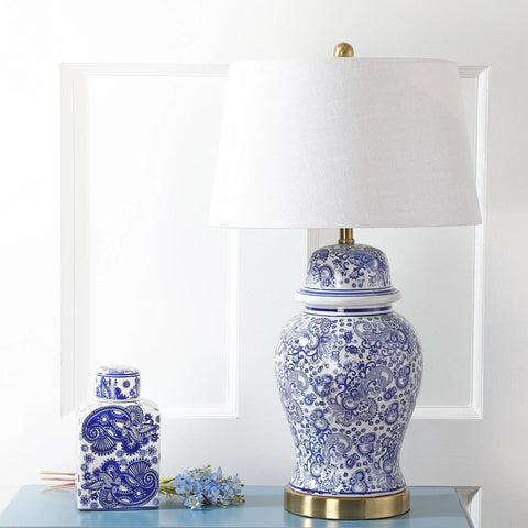 Blue White Ceramic Ginger Jar Table Lamp With White Linen Drum Shade 29.5 Inch Tall Showpiece Classic Chinoiserie Style