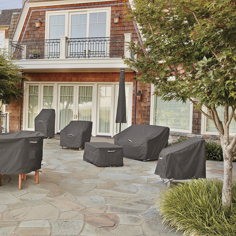 Various outdoor furniture with Ravenna 48 Inch Rectangular Patio Coffee Table Cover Weatherproof Water Resistant Heavy Duty installed.