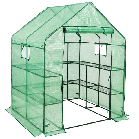 Walk-In Greenhouse With 57x61x80 Inch Footprint, 3 Tiers And 10 Shelves, Roll-Up Door And Observation Windows, Backyard Ready