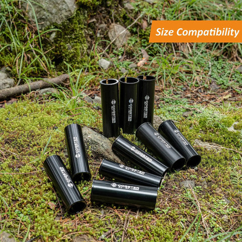 Beefy Aluminum Bike Seatpost Reducer Shim, 100mm Length, displayed in multiple black tubes on grassy terrain