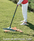 Artificial Turf Rake For Pet Hair, Leaves And Debris, Adjustable 63 Inch Telescoping Handle, 18 Inch Wide Brush in use on lawn