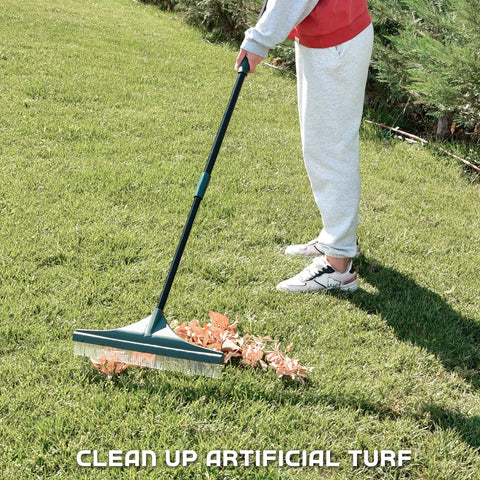 Artificial Turf Rake For Pet Hair, Leaves And Debris, Adjustable 63 Inch Telescoping Handle, 18 Inch Wide Brush in use on lawn