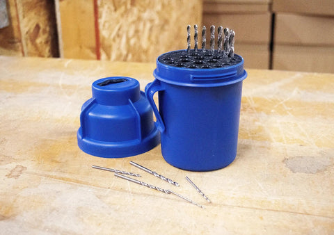 Jobber Length Drill Bit Pod Organizer With 29 Slots For 1/16 To 1/2 Inch Bits, blue organizer with twist lock lid, open on workbench