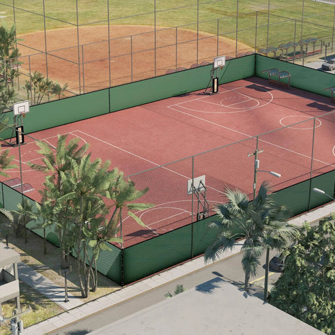 Five Foot By Fifty Foot Poolside Privacy Screen For Fences Heavy Duty Windscreen With Bindings And Grommets Delivers Ninety Percent Blockage While Letting Breezes Through A Breathable Mesh Includes Cable Zip Ties And Is Available In Custom Sizes installed around sports court