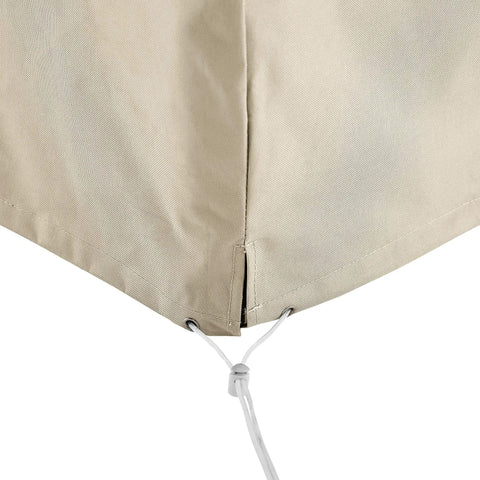 Close-up of tan Heavy Duty Waterproof Outdoor Side Table Cover For Patio Deck Backyard All Weather Protection with drawstring.