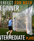 Lacrosse Goal Backstop Net No More Chasing Balls 12 Foot By 9 Foot For Backyard Practice Keeps Balls In Play Built Tough With Weather Resistant Polyester And Easy Setup Fibertech shown in use with player.