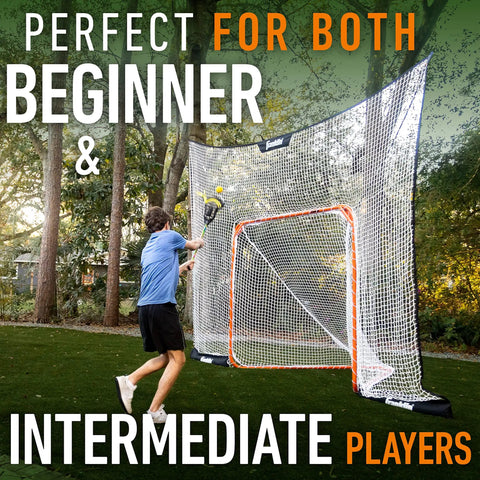 Lacrosse Goal Backstop Net No More Chasing Balls 12 Foot By 9 Foot For Backyard Practice Keeps Balls In Play Built Tough With Weather Resistant Polyester And Easy Setup Fibertech shown in use with player.
