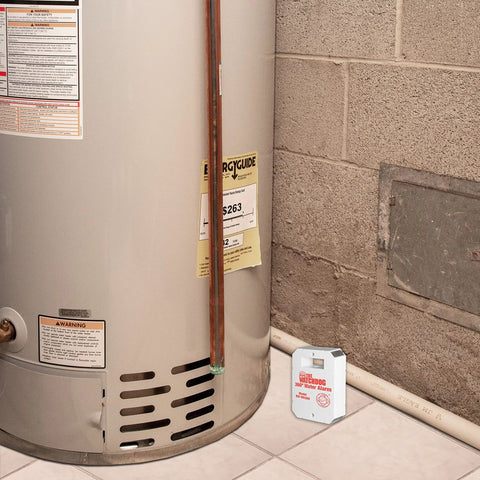 Compact Water Alarm With 360 Degree Sensing And 110 dB Siren detecting water near water heater in basement corner