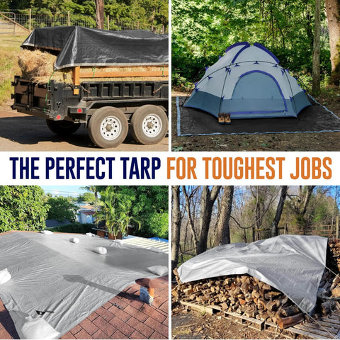 Beefy 16 Mil Extra Thick Tarp Waterproof Poly Tarpaulin 12 By 20 Feet With UV Resistant Coating And Grommets Every 18 Inches Reversible Silver And Black Heavy Duty Outdoor Cover For Construction And Camping shown covering various outdoor setups.