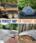 20x20 Ultra Heavy Duty Tarp With Extra Thick 16 Mil Build Built Tough UV Resistant And Waterproof Poly Tarpaulin Grommets Every 18 Inches covering a trailer, tent, roof, and woodpile in various outdoor settings