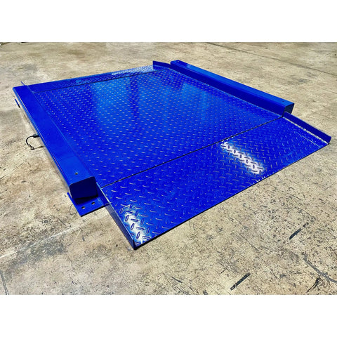 Heavy Duty Low Profile Drum Scale Built Tough With Smooth Hinged Ramps For No Sweat Barrel Rolling And Rock Solid Weighing Capability Up To 5000 Pounds With Spot On One Pound Accuracy NTEP Approved, blue diamond plate design.
