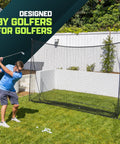Man using Limited Edition Black Golf Practice Net With Large 10 Ft By 7 Ft Hitting Space Pro Grade Personal Driving Range